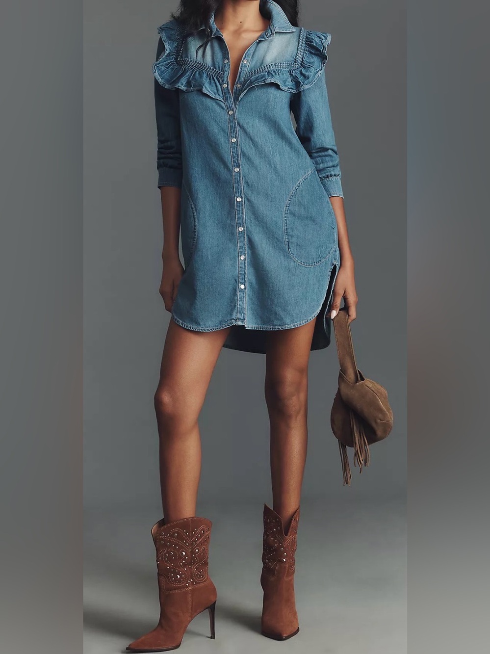 Pilcro by Anthropologie Ruffled Denim Mini Shirt Dress